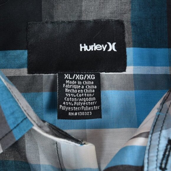 HURLEY Men's Plaid Button Down Shirt Black Blue Grey Y2K Size XL Short Sleeve - Picture 4 of 8